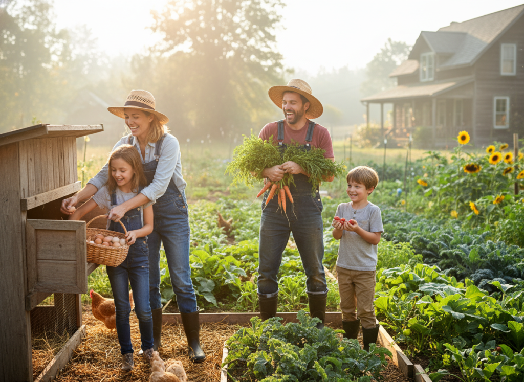 family working together on homestead gathering eggs and tending garden