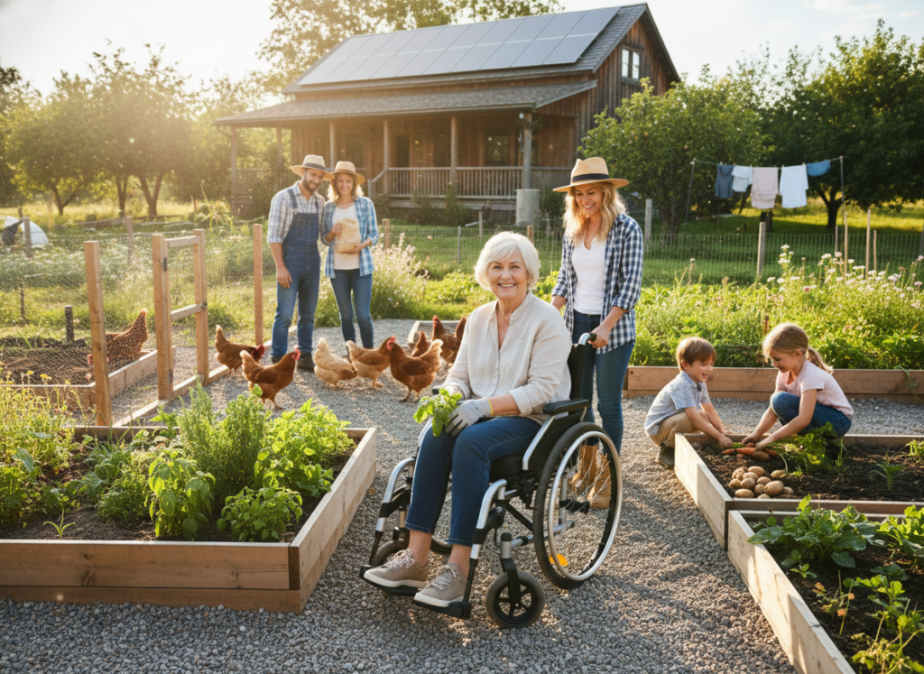 family working together on homestead with accessible design