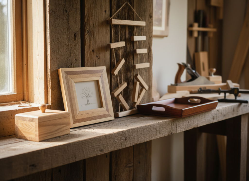 finished beginner wood projects displayed on shelf