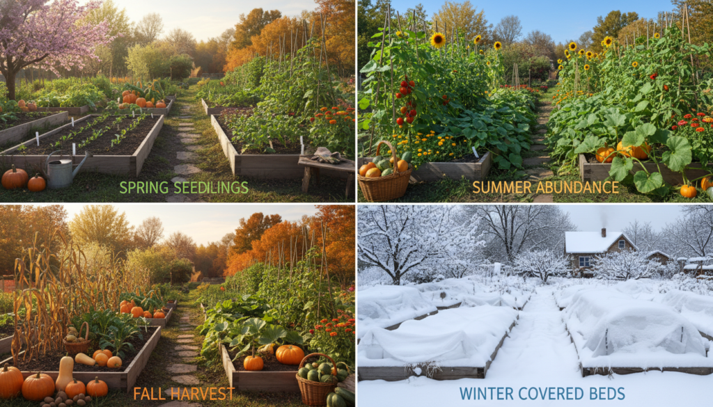 four season homestead garden showing different crops
