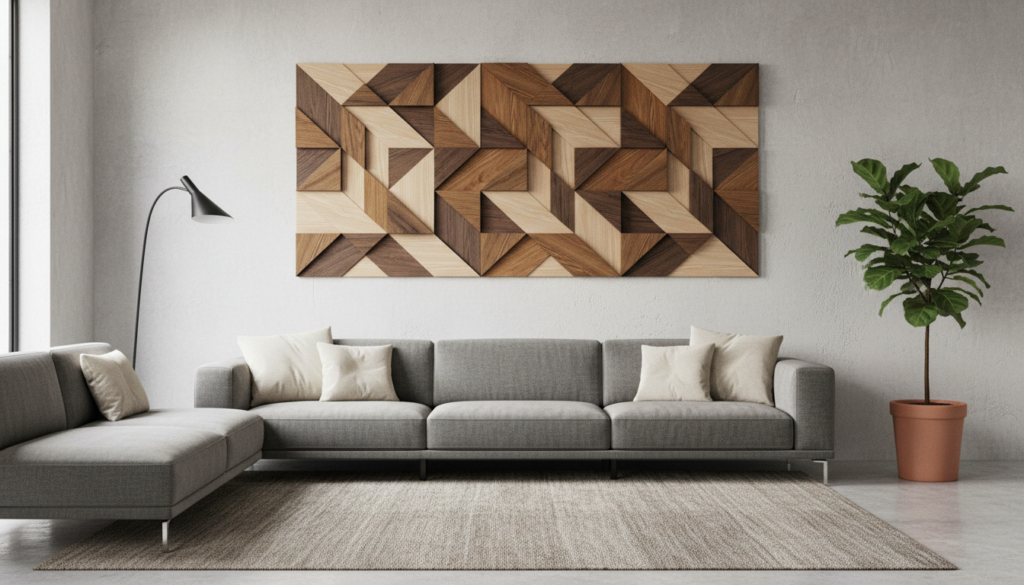 geometric wooden wall art in living room