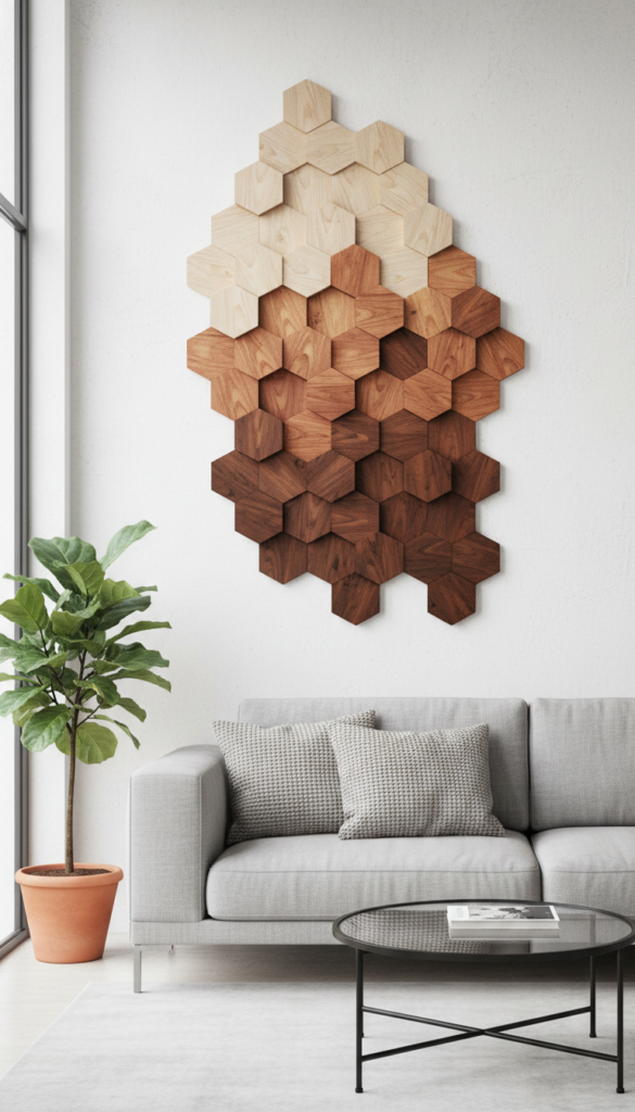 geometric wooden wall art with contrasting wood stains creating modern design