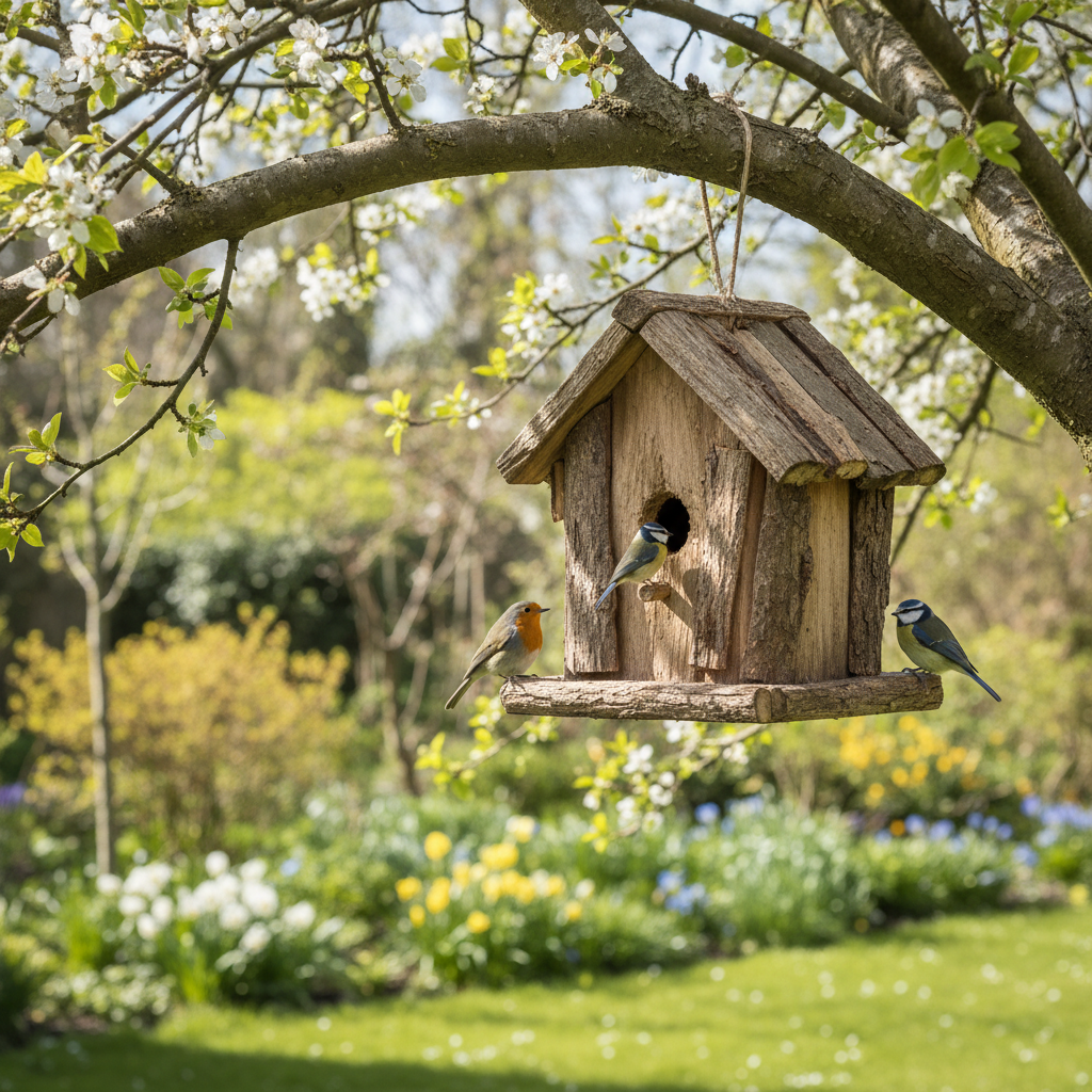 handmade wooden birdhouse hanging from tree