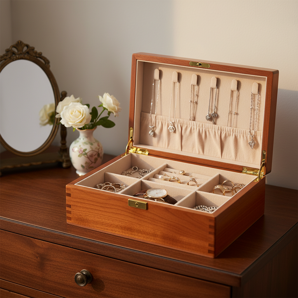 handmade wooden jewelry box with compartments