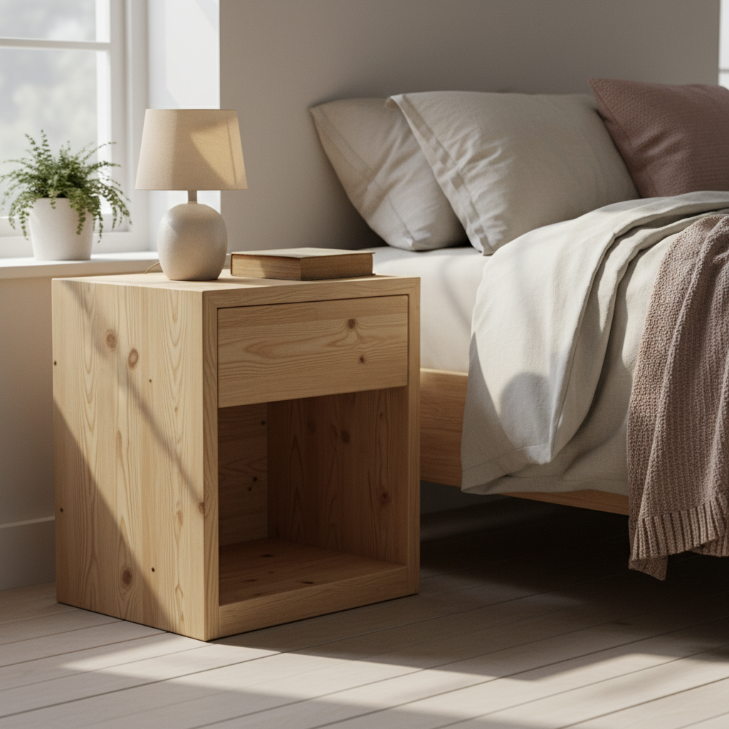 handmade wooden nightstand beside bed with simple design showing beginner woodworking project