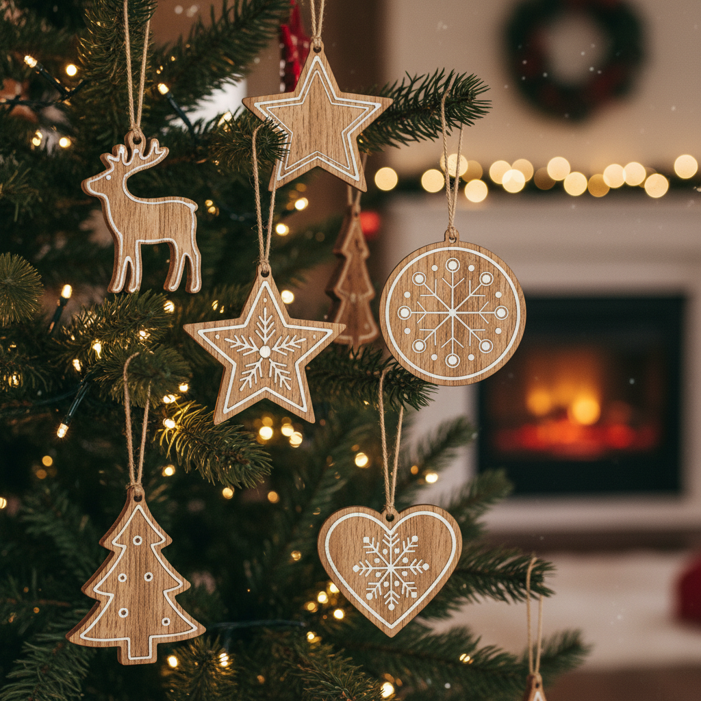 handmade wooden ornaments on christmas tree