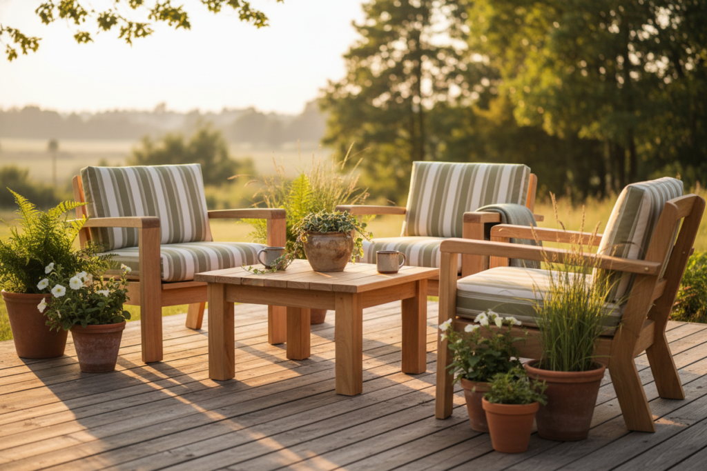 handmade wooden patio furniture set on an outdoor deck