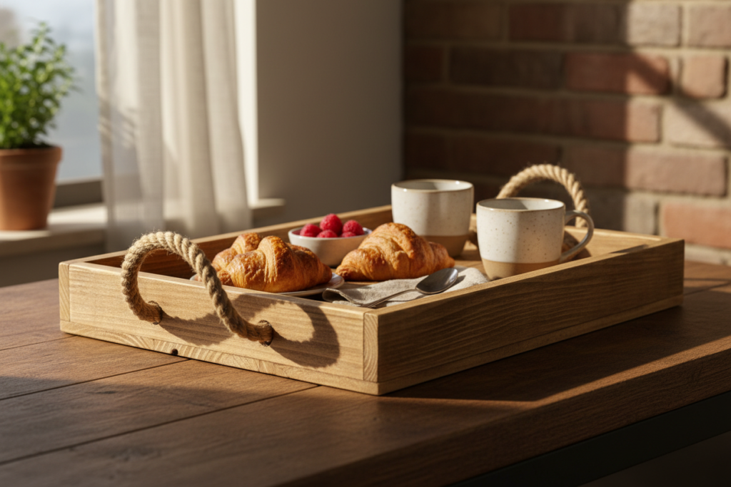 handmade wooden serving tray with handles