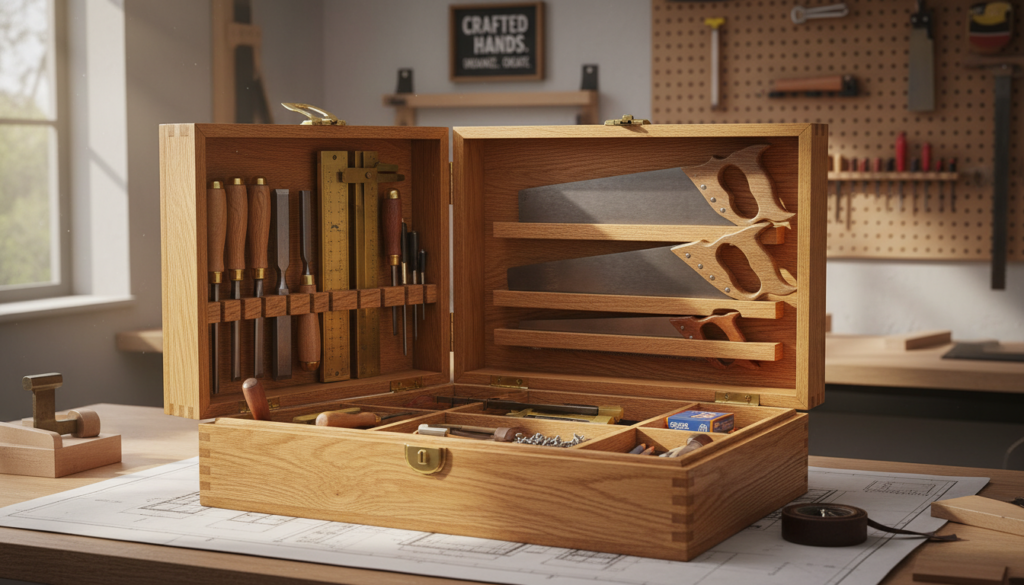 handmade wooden tool chest with multiple compartments organizing woodworking tools
