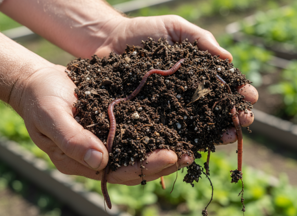 hands holding rich dark garden soil