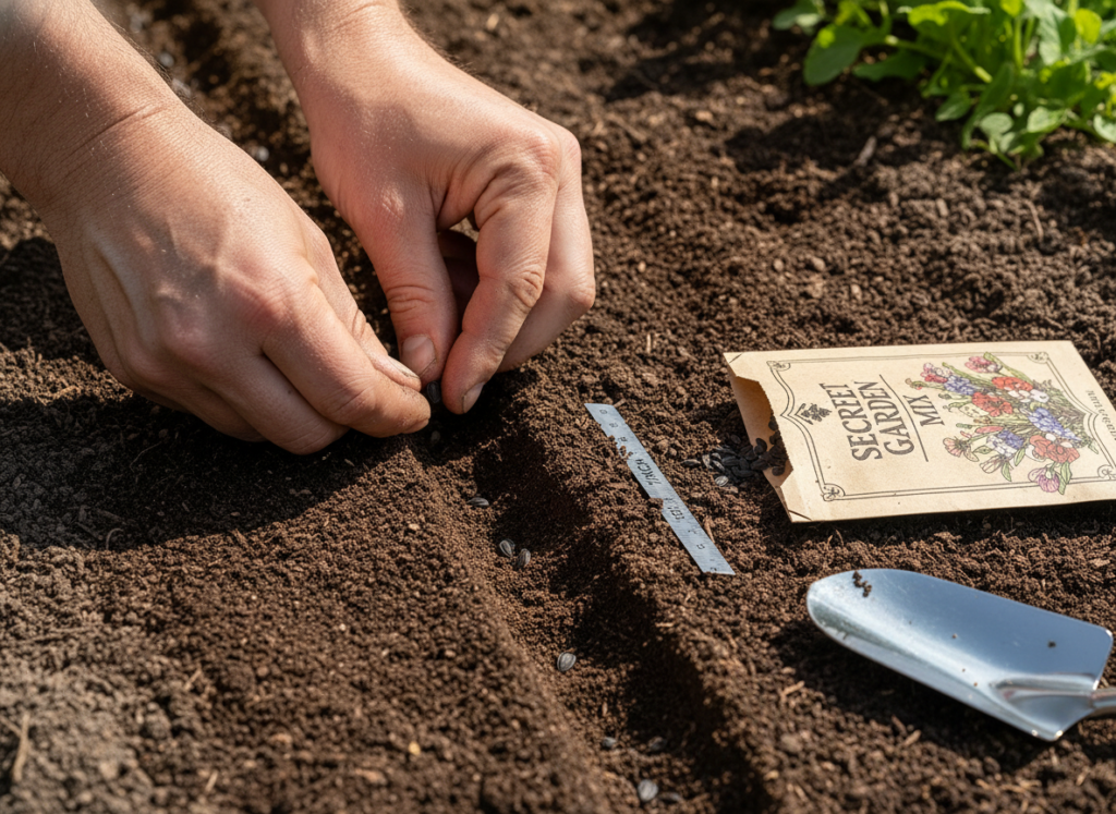 hands planting seeds in prepared garden soil
