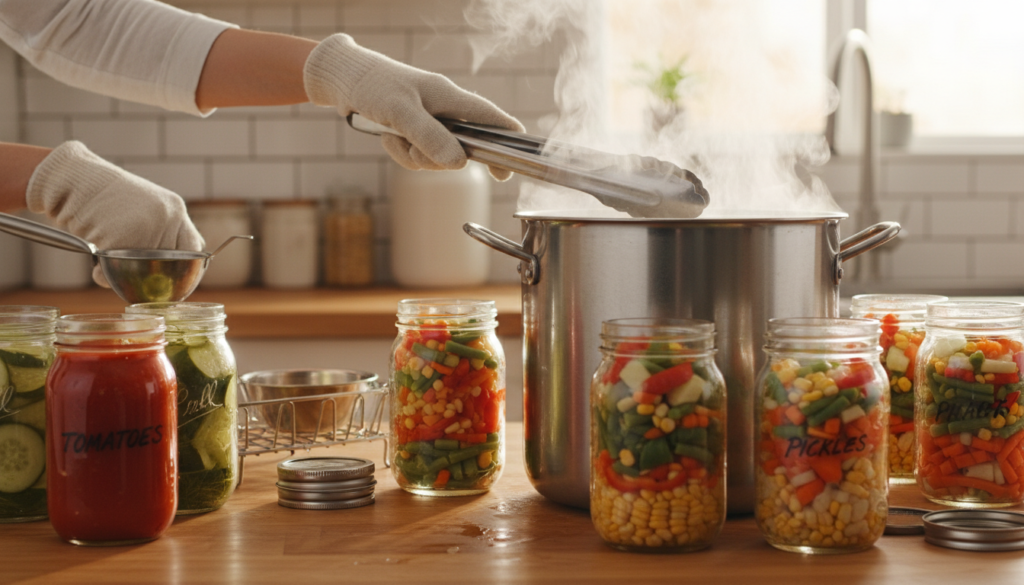 hands preserving food by canning fresh vegetables