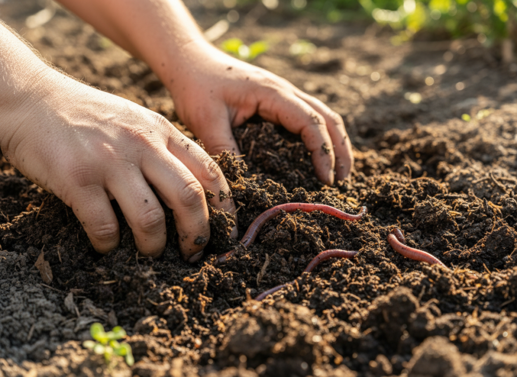 hands working rich dark compost into garden soil