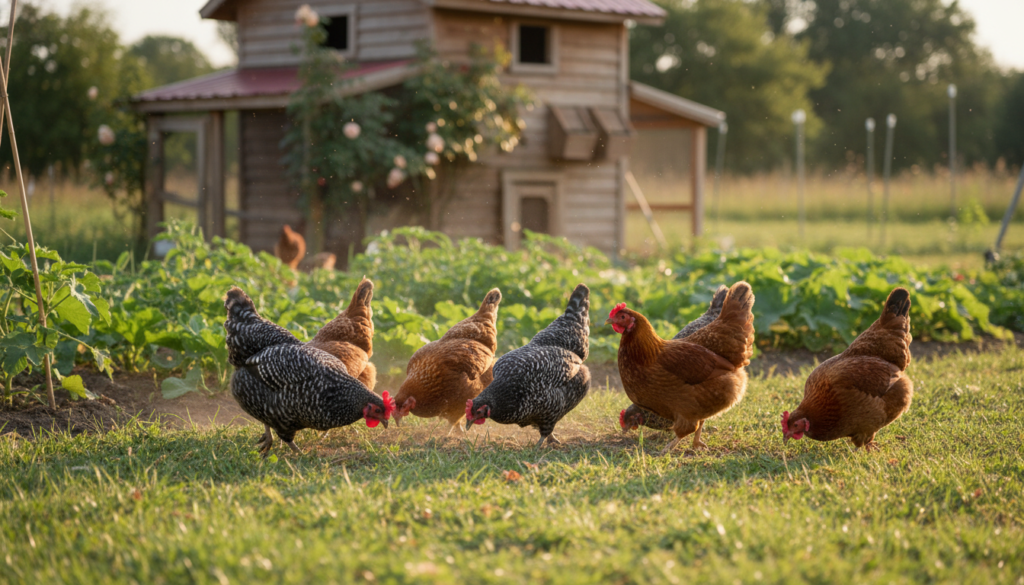 happy chickens foraging in backyard homestead setting