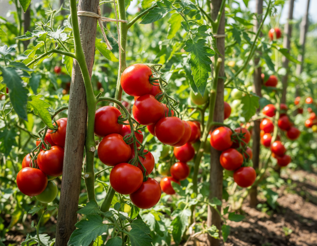 healthy tomato plants with ripe red tomatoes