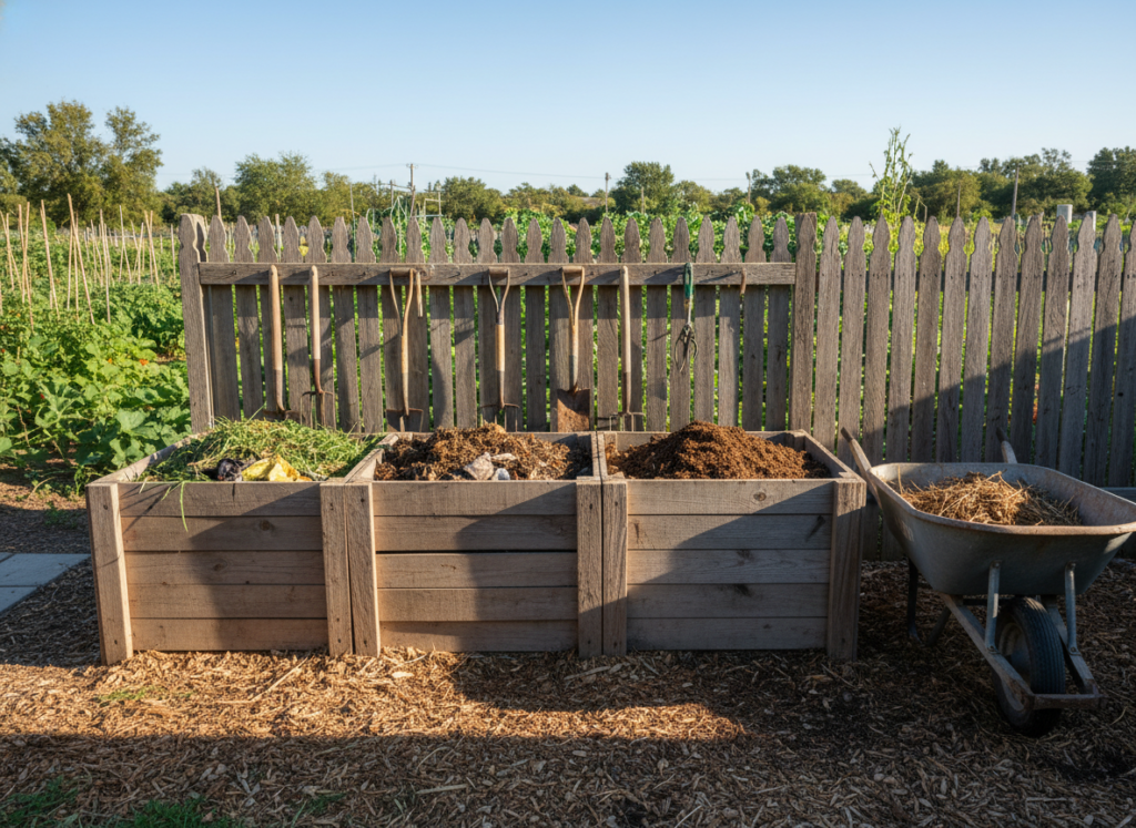 homestead composting area with three bins and garden cart