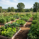 homestead garden with raised beds and diverse crops growing