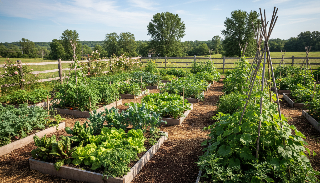 homestead garden with raised beds and diverse crops growing