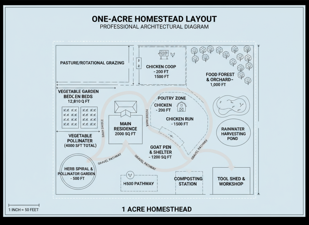 homestead layout diagram showing space allocation on one acre property