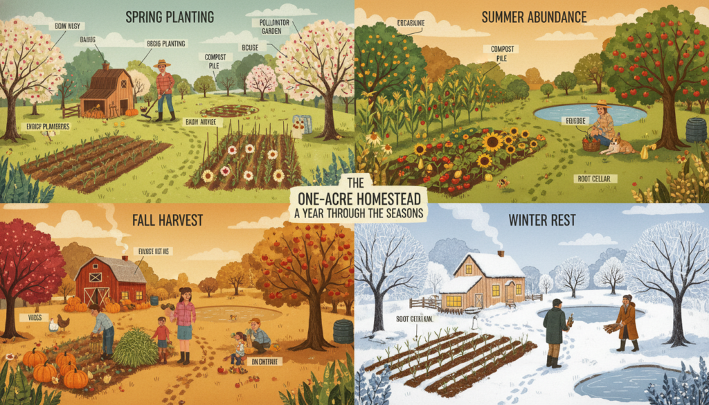 homestead layout showing seasonal activities across four seasons