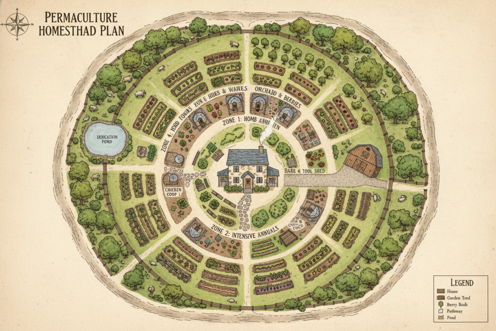 homestead layout showing zones and pathways connecting different areas