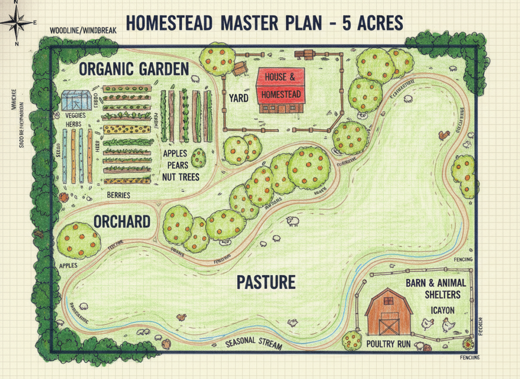 homestead planning map showing different zones on 5 acre property