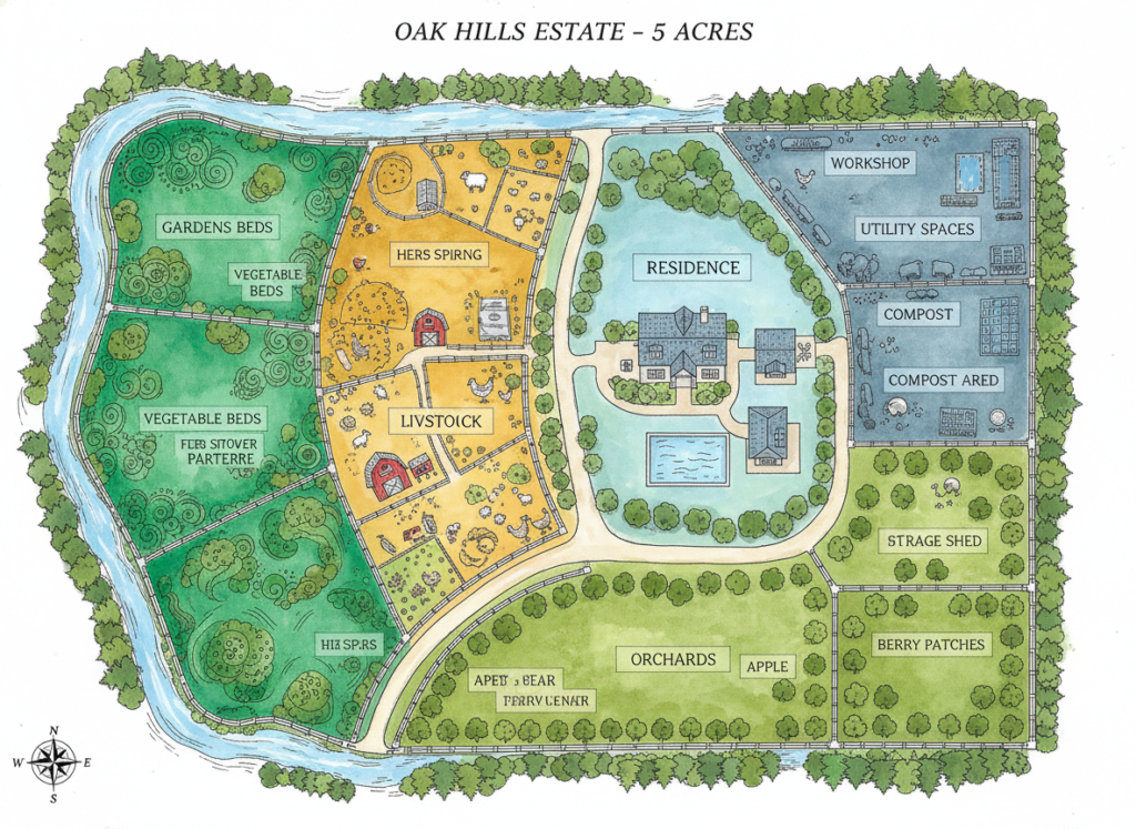 homestead property map showing 5 acre farm layout zones