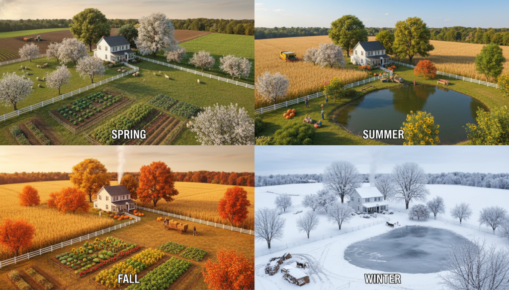 homestead property shown in different seasons throughout the year