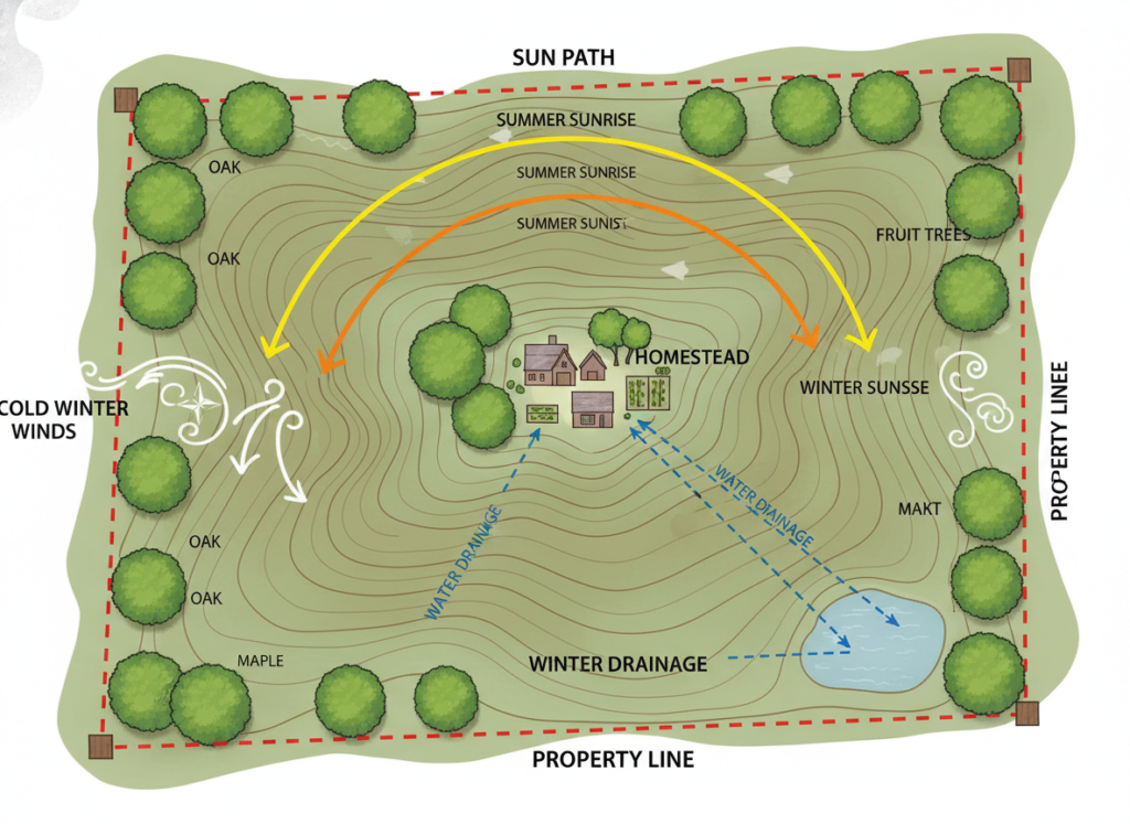 homestead property with marked zones showing sun exposure, water flow, and wind patterns