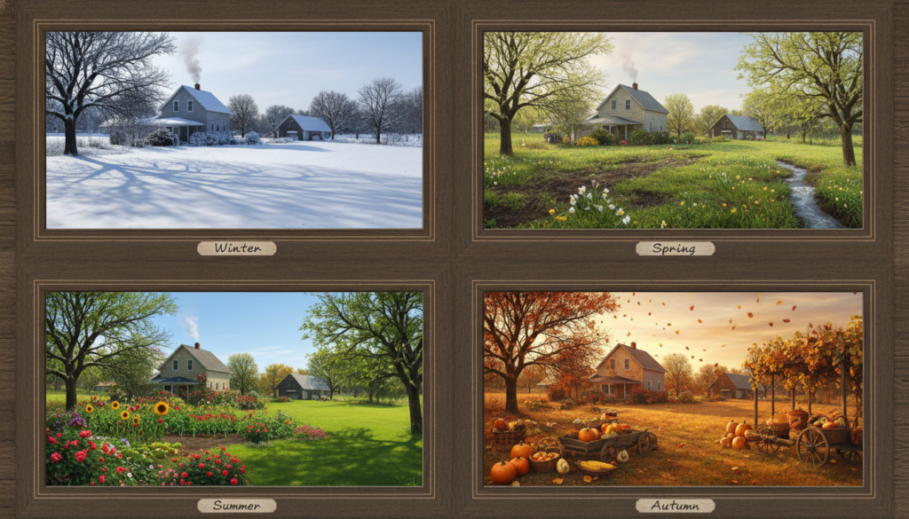 homestead shown in four seasons from same viewpoint