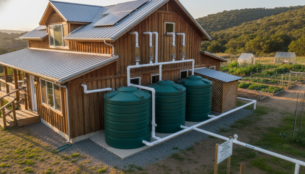 homestead water catchment system and storage tanks