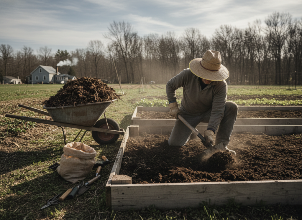 homesteader implementing first phase of layout with soil preparation