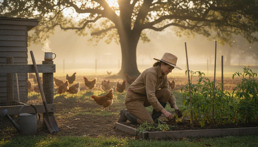 homesteader working in early morning light doing chores