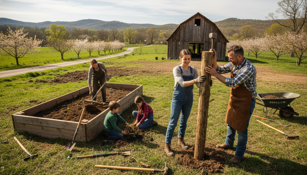 homesteaders working on building fence and preparing garden beds