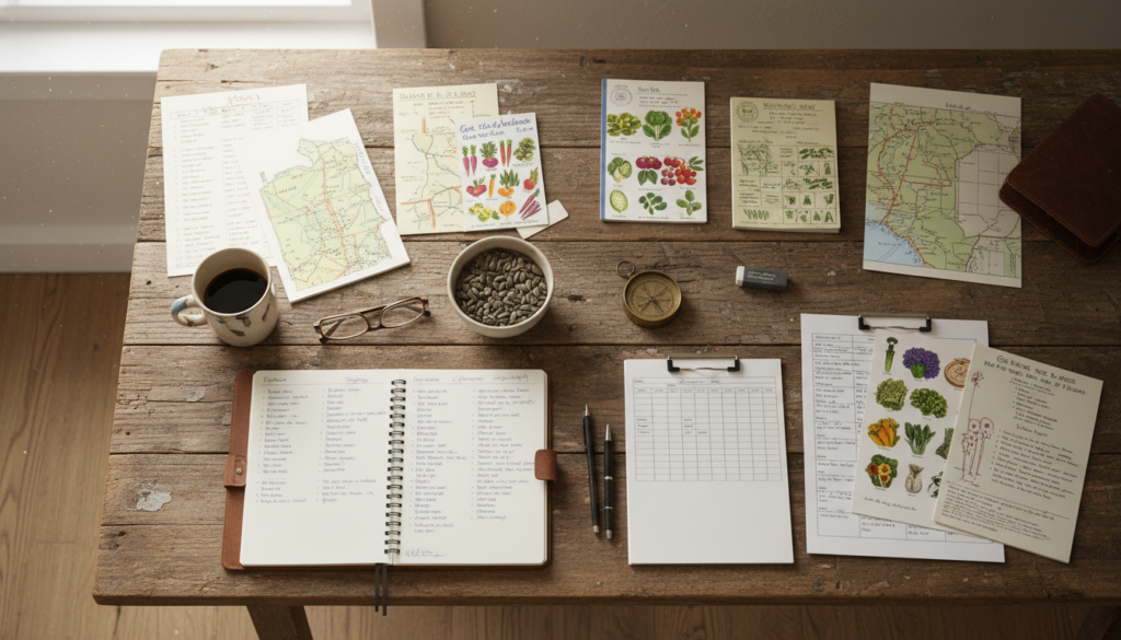 homesteading planning materials with notebooks, seed catalogs, and property maps