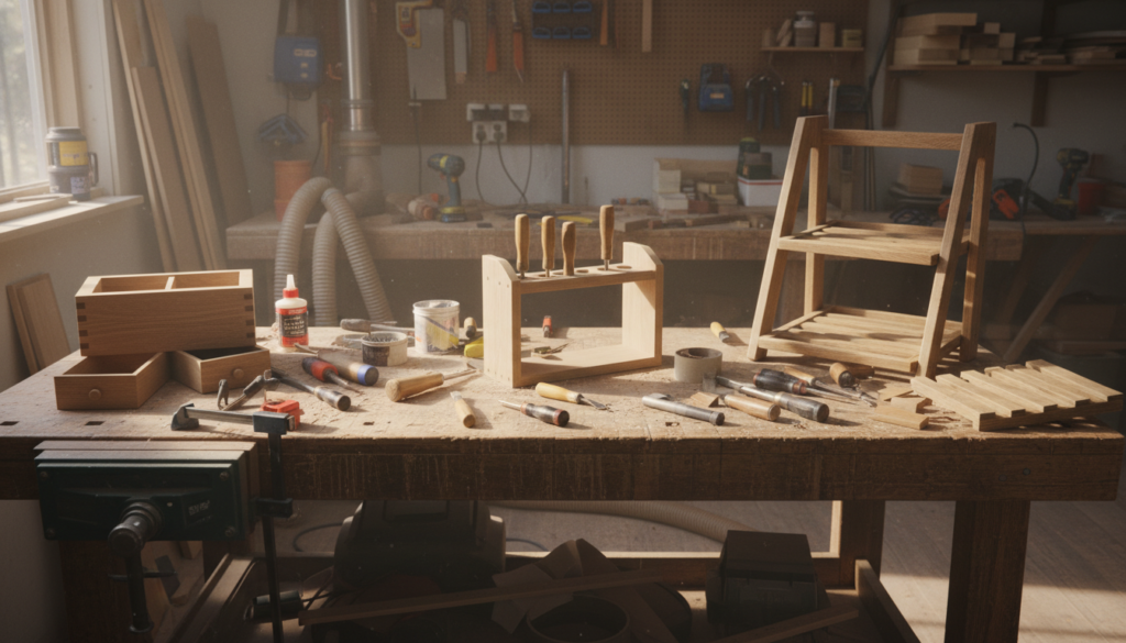 intermediate woodworking projects in progress on workbench