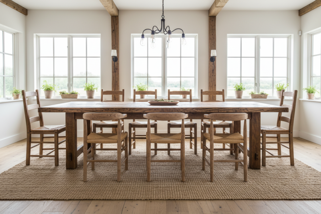 large reclaimed wood dining table with chairs