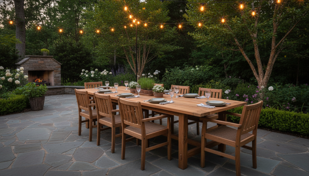 large wooden outdoor dining table set for a meal in backyard