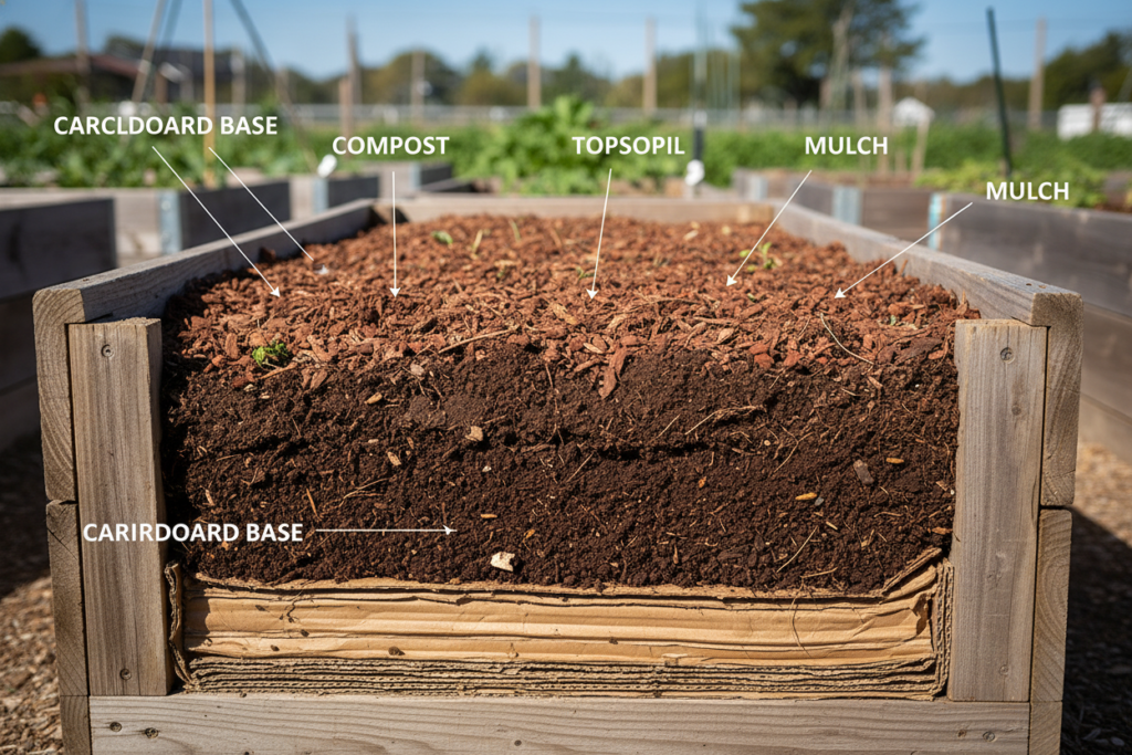 layers of soil amendments in garden bed