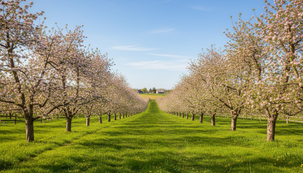 mature fruit orchard with apple and pear trees on homestead