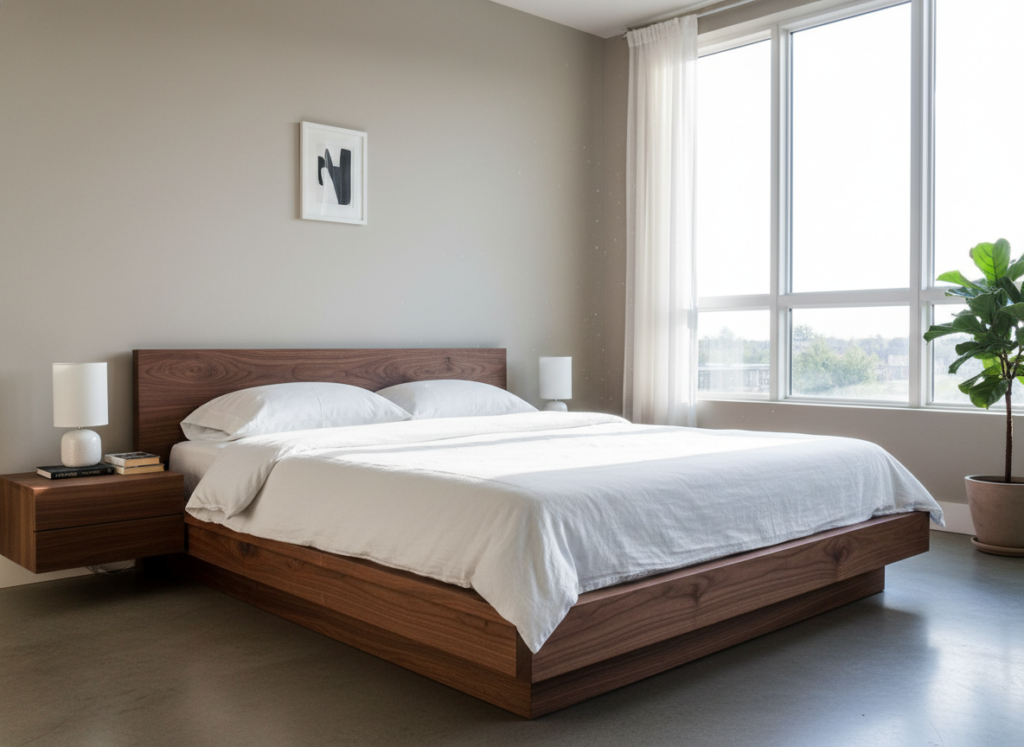 modern wooden platform bed frame in minimalist bedroom setting