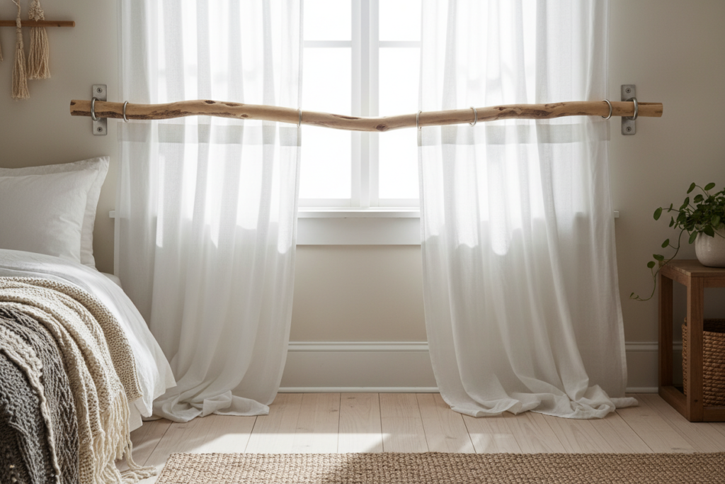 natural wood curtain rod installed above window