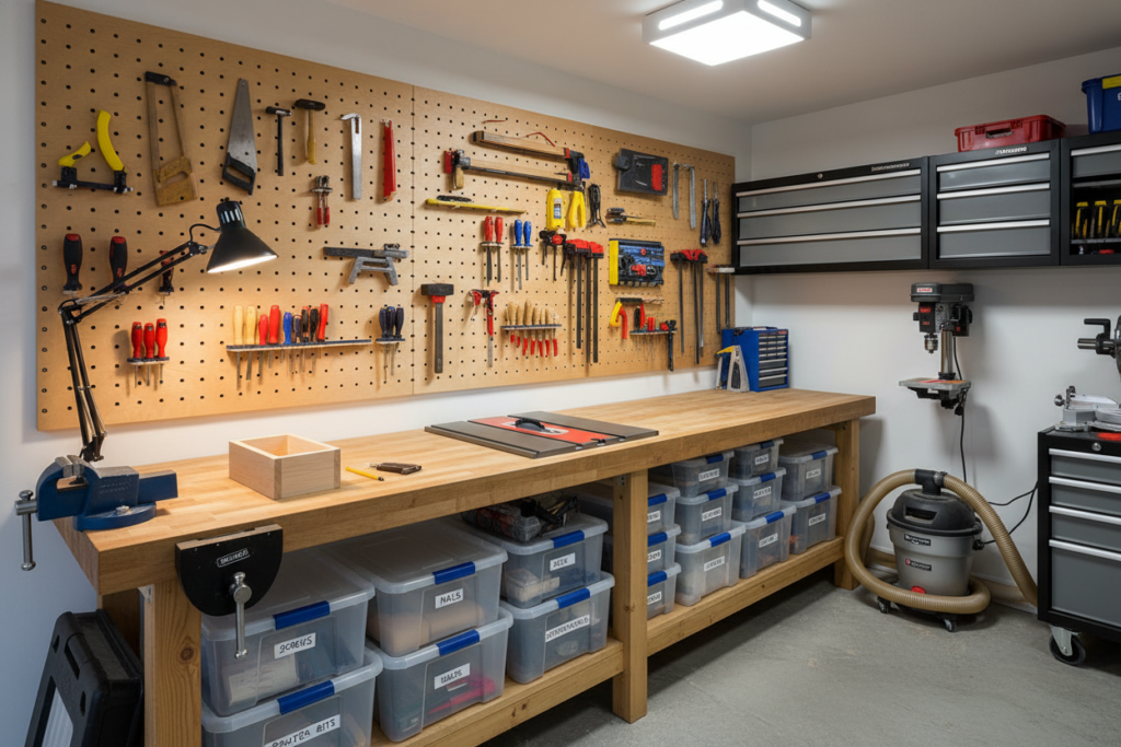 organized home workshop with tool storage