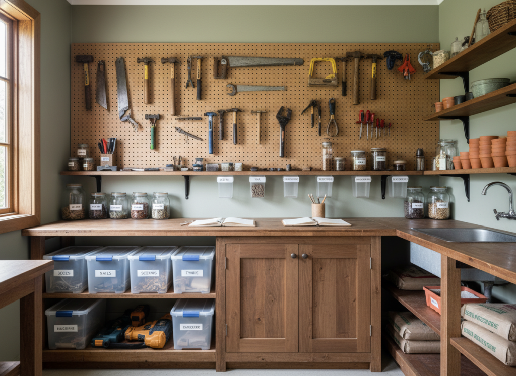 organized homestead workspace with tools and supplies