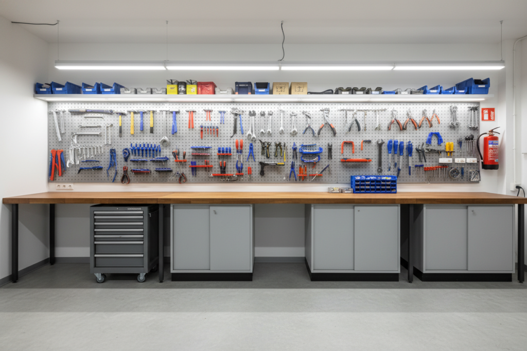 organized woodworking workshop space