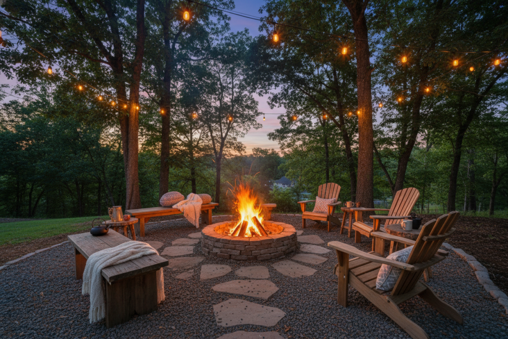outdoor fire pit surrounded by wooden benches in a backyard