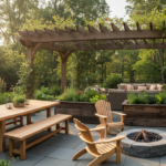 outdoor wood projects including furniture and planters arranged in a beautiful backyard setting