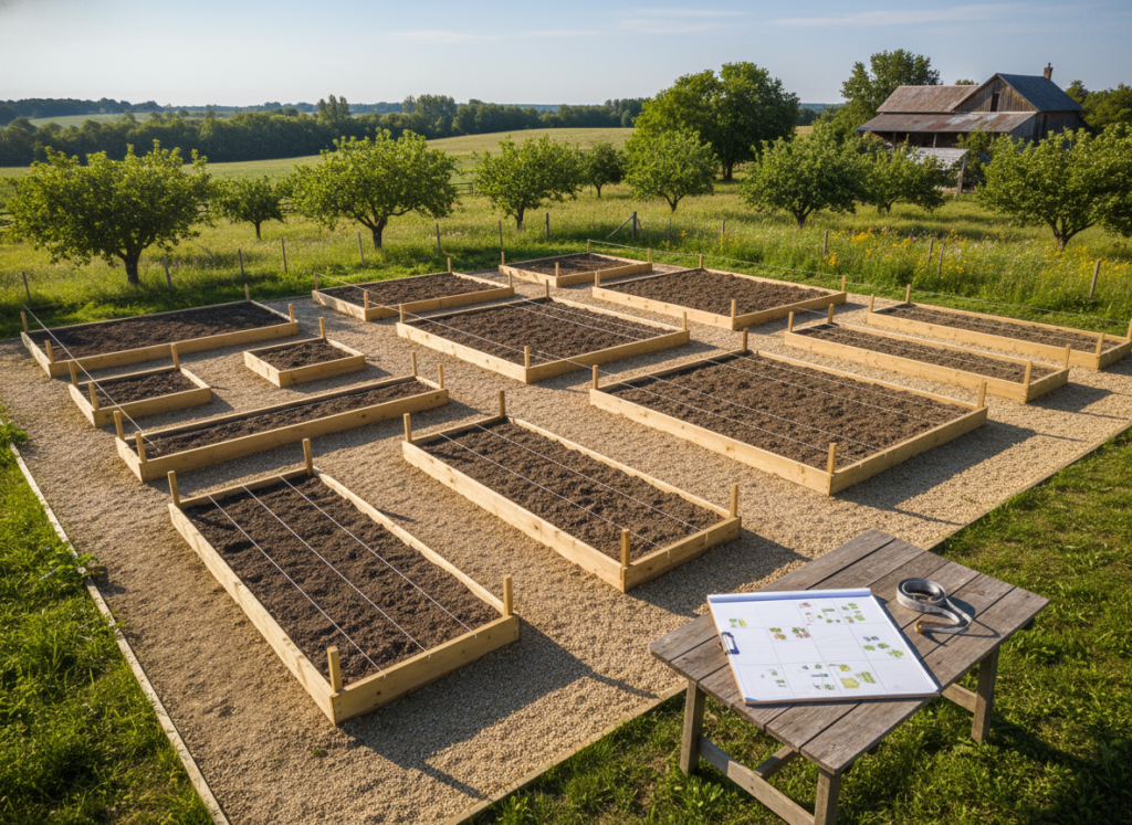 overhead view of homestead garden layout with marked beds and pathways