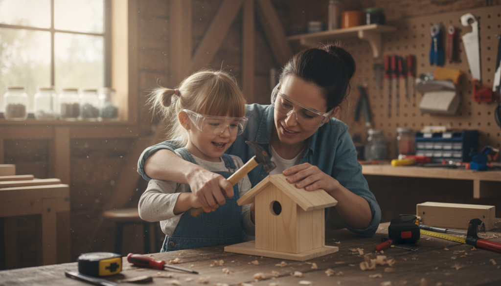 parent and child working on wood project together