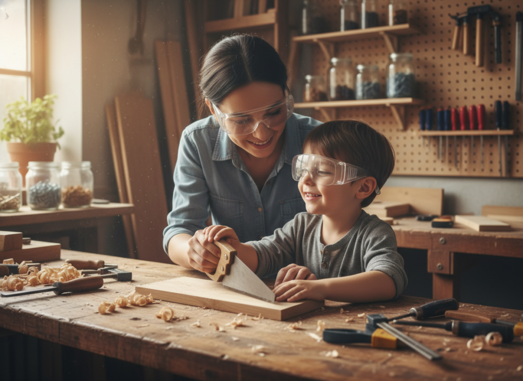 parent and child working on wood project together